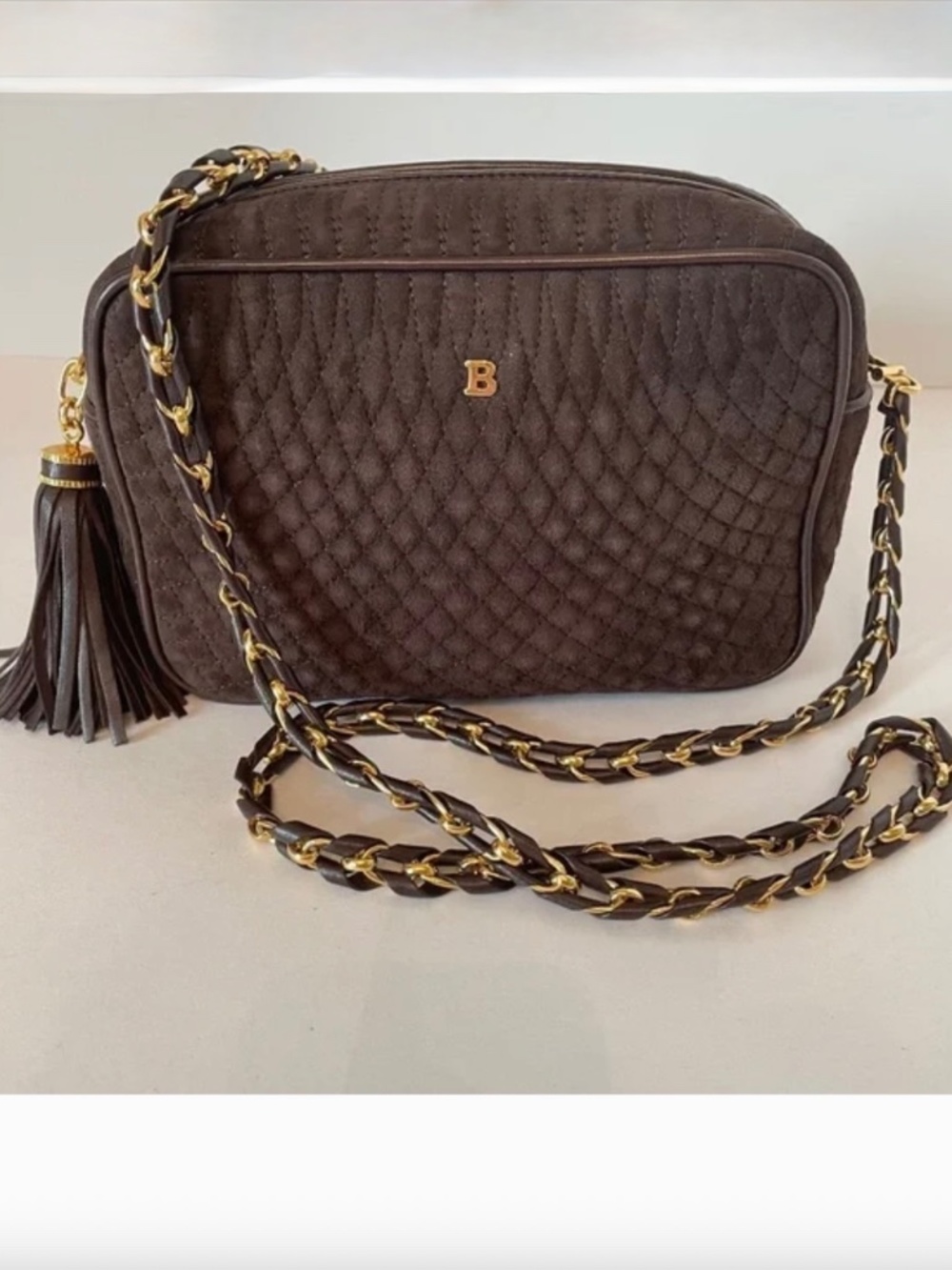 BALLY Suede Quilted Chocolate Brown Leather Camera Crossbody w/chain strap